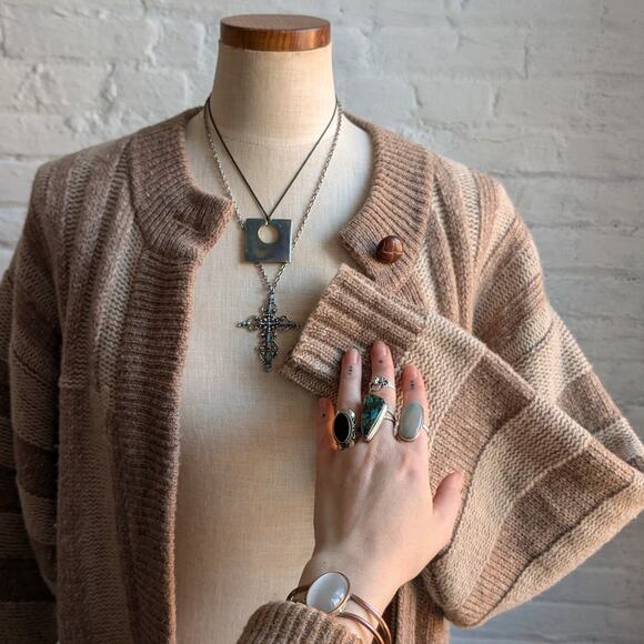 Vintage Wool Neutral Knit Cardigan Zipper Chunky Stripe Sweater Cozy Shacket - Picture 2 of 8